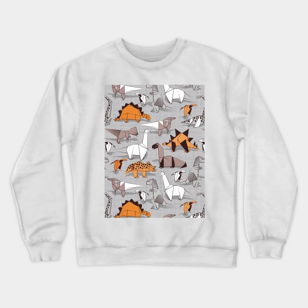 Origami dino friends // pattern // grey linen texture background orange white and beige dinosaurs Crewneck Sweatshirt by SelmaCardoso